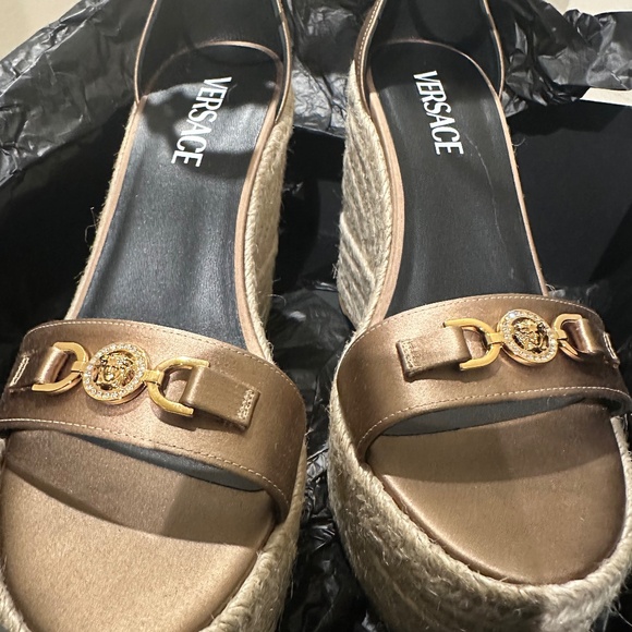 Versace Camel Silk Strap Wedge Espadrille - Picture 2 of 5